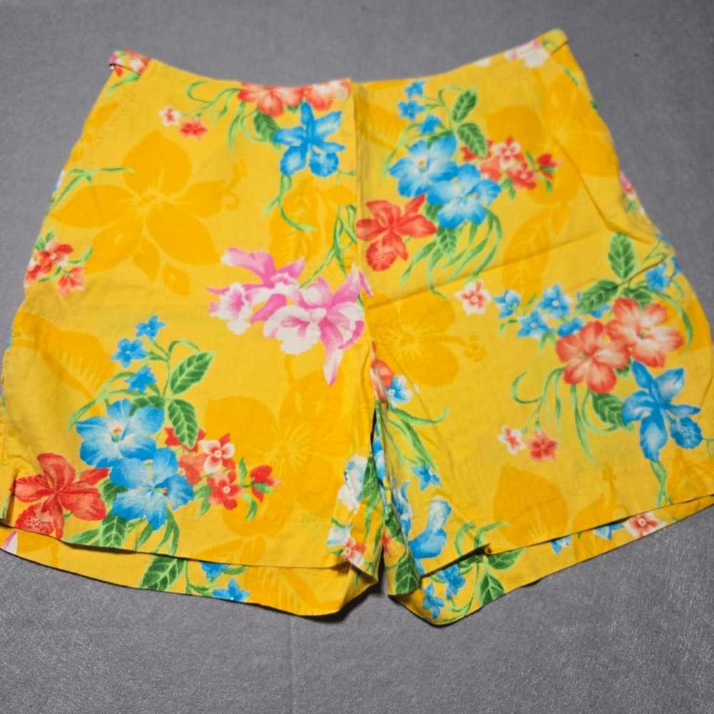 Lauren Ralph Lauren Yellow Floral Linen Shorts Plus Size 16W Tropical Hibiscus